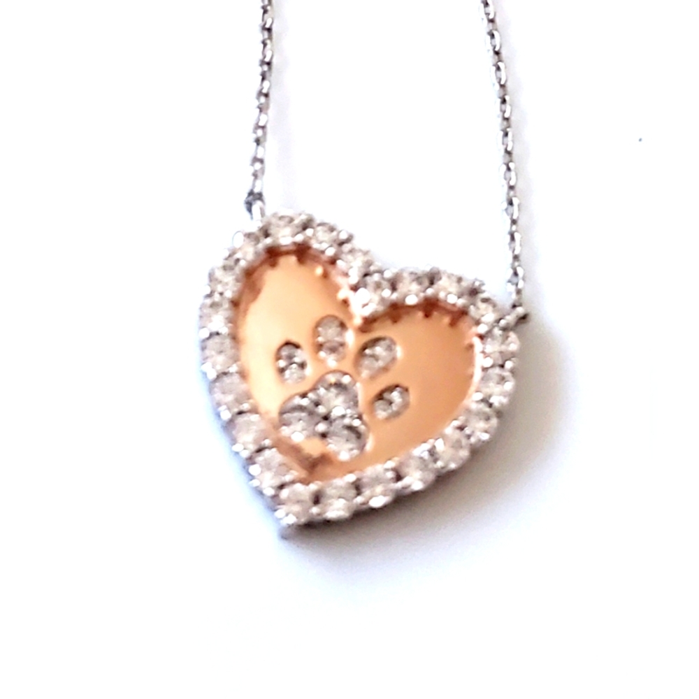 Rhinestone Animal Paw 🐾 Pendant Necklace Rose Goldtone + Silvertone Long Chain